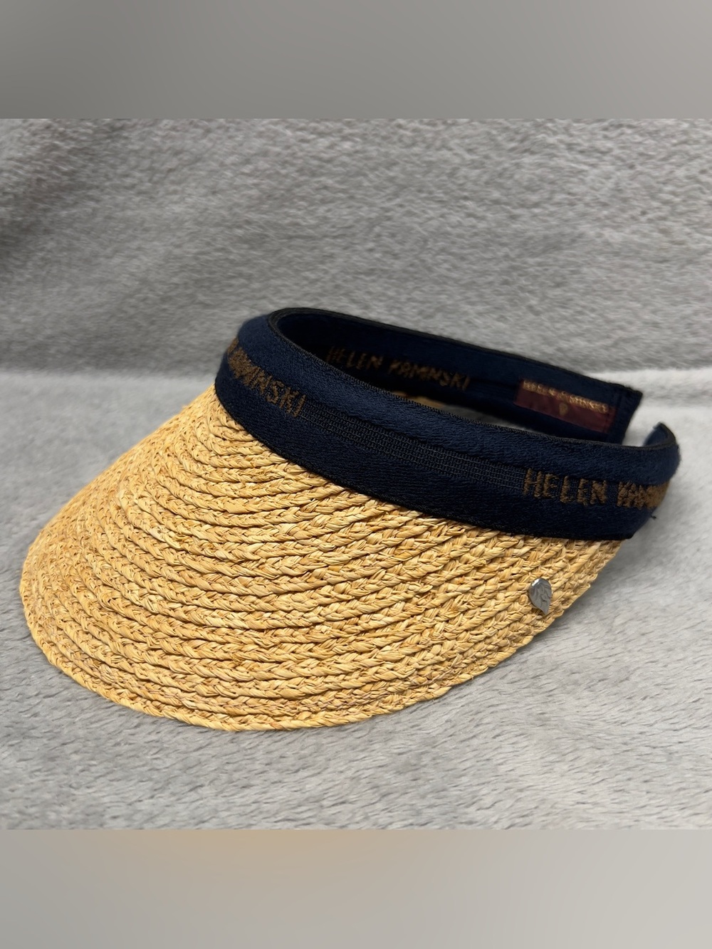 Helen Kaminski Bianca Logo‎ Visor Natural Raffia Navy Slide-On One Size Hat